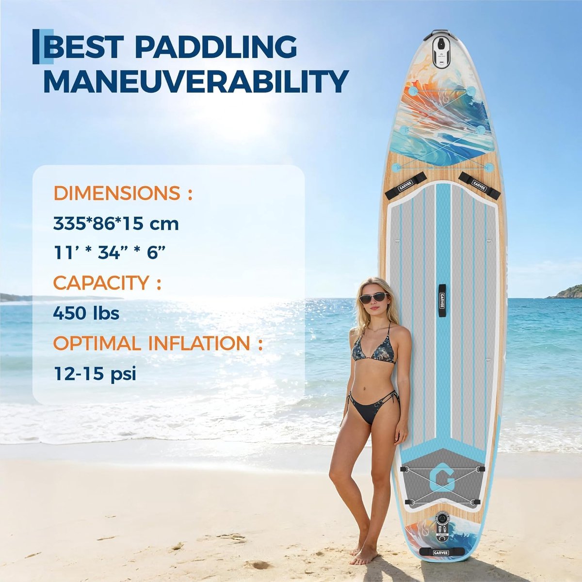 Luxe Opblaasbaar SUP Board - Houtlook Design - 200kg Draagvermogen - Extra Stabiel Stand Up Paddle Board - 2 Personen - 335×86×15 cm - Complete Set met Pomp, Peddel & Rugzak – foto 3