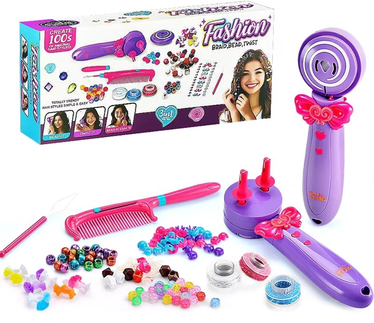Haarversieringstool voor meisjes - Automatische twisterkit met 3 stylingstanden - Kralen- en draadversiering voor het toevoegen van leuke accenten aan meisjesvlechten - Creatieve doe-het-zelf accessoiremaker