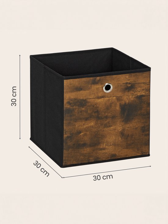 Stoffen opbergdoos met houtprint en afmetingen 30x30x30 cm.