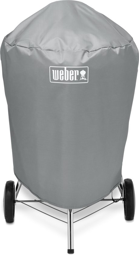 Grijze Weber barbecuehoes op standaard met wielen.