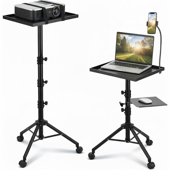Nexvo® 4-in-1 Beamer Statief – Projector Statief Met Wieltjes – Beamer Statief Met Laptop Verdieping – Zwart – 45cm x 31cm x 11cm