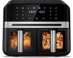 Dubbele Airfryer XXL 10L (2×5L) – 8 Automatische Programma’s – Grote Capaciteit voor 6 Personen – 2500W Krachtig Vermogen – Dual-Zone 2 Manden met SYNC Technologie – Gezond Frituren Zonder Olie – Met Kijkvenster – Zwart