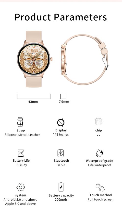 Hibousee Smartwatch voor Dames met Bluetooth Bellen, Gezondheid & Fitness Tracker – Stappenteller, Hartslagmeter, Slaapmonitor – iOS & Android - Incl 3 bandjes