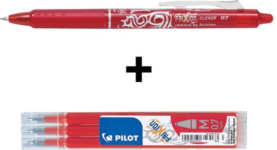 Pilot Rode FriXion Ball 0.7mm Clicker Pen + 3 stuks Navul inkt set