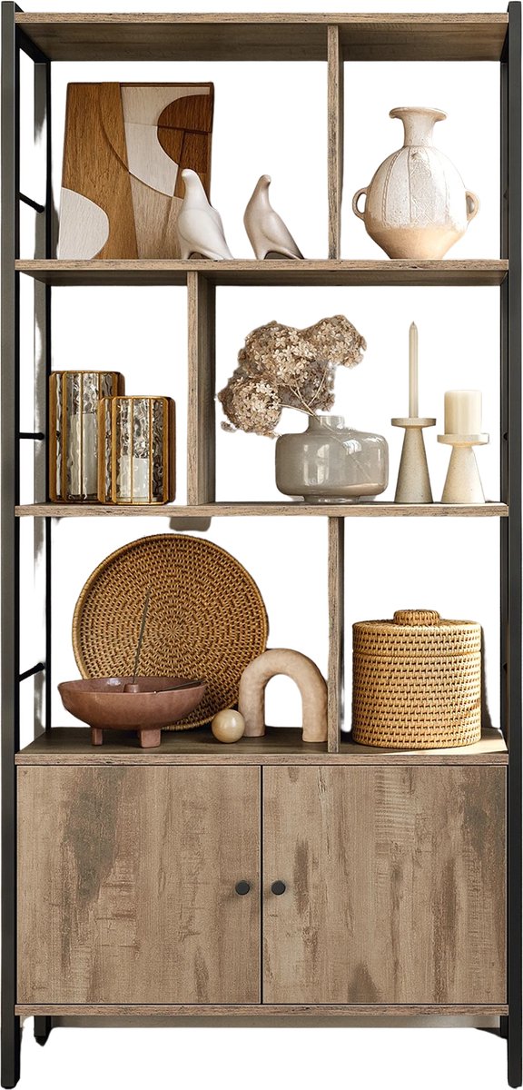 NaevaMi Boekenkast – Boekenrek - Industrieel met 4 Open Planken - Opbergkast met Deuren – Standplank - Vintage Hout & Zwart Metaal – Boekenrek voor Woonkamer, Slaapkamer of Kantoor – 30×74×153 cm – Kaki