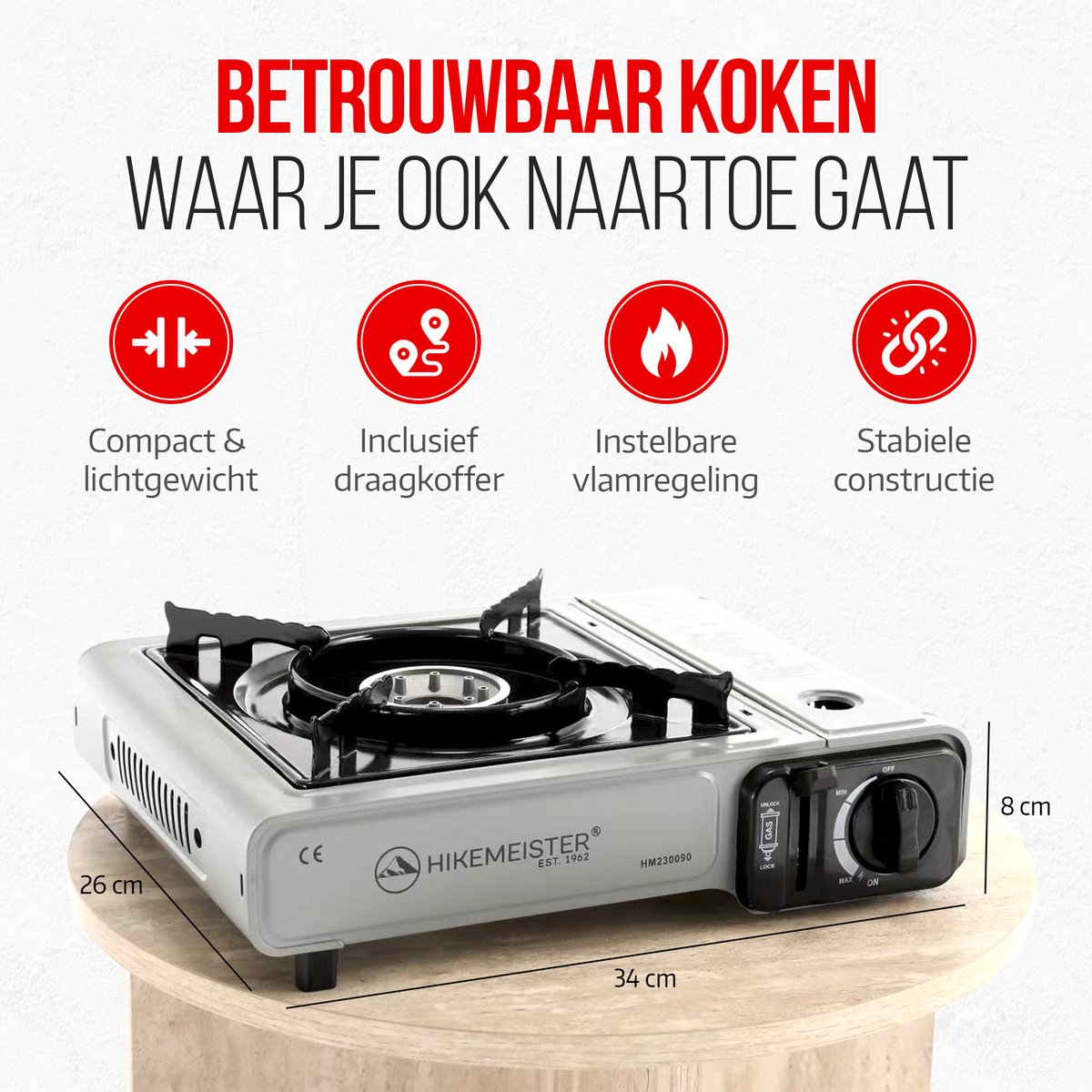 Hikemeister ® camping kooktoestel 1 pit 2200 KW draagbaar – Grijs – Inclusief 8 gasbussen – Butaangas Gasstel Gasfornuis Gaspit - Campingkooktoestel Gas Kookplaat - Met Koffer — cadeau in Sport & Outdoor - foto 3