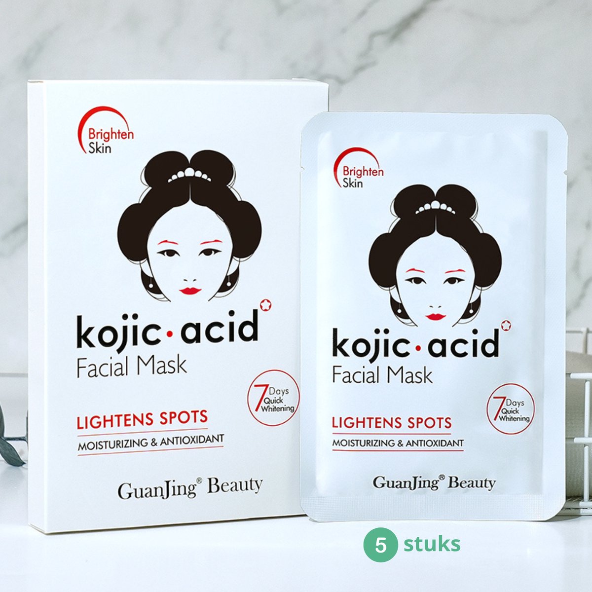 5 x Kojic Acid Gezichtsmasker - Facial Mask – Brightening Sheet Mask met Vitamin C & Hyaluronic Acid – Tegen Pigmentvlekken en Donkere Vlekken – Hydraterend Gezichtsmasker (5 Stuks)