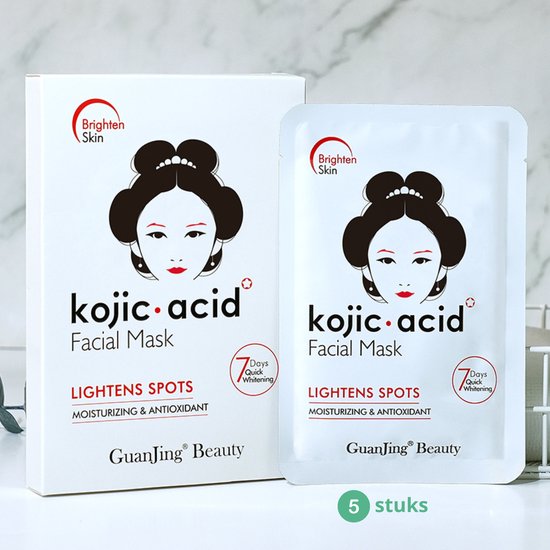 Een doosje en een pakje kojic acid gezichtsmasker met een illustratie van een vrouwengezicht.