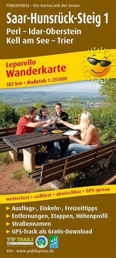 Wanderkarte Saar-Hunsrück-Steig 1, Perl - Idar-Oberstein - Hermeskeil - Trier 1 : 25 000