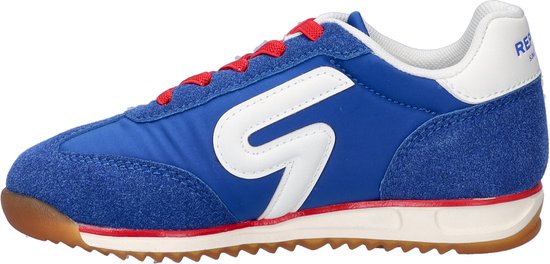 Kobaltblauwe Replay sneaker met witte en rode accenten, witte S-logo en rode veters.