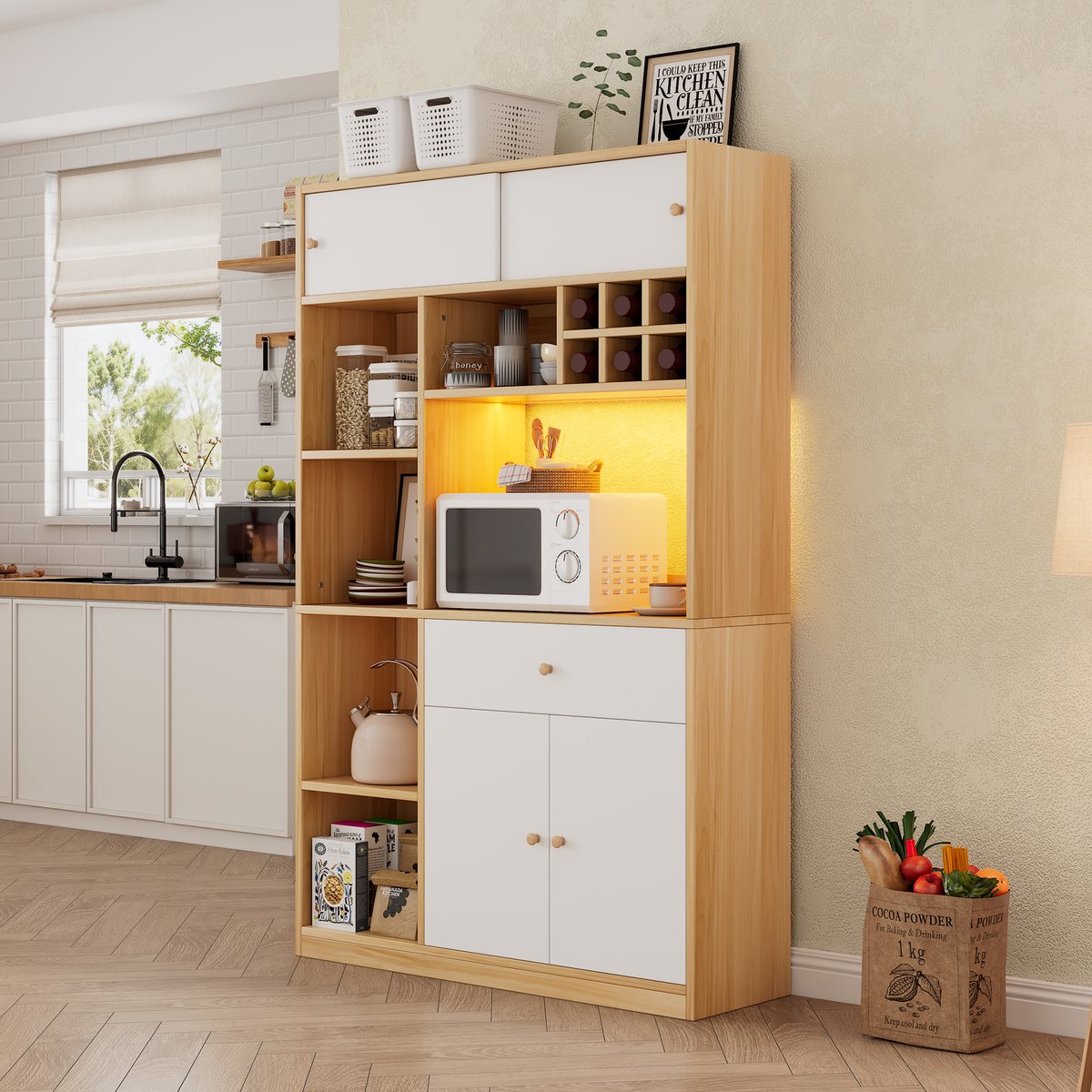 Wishdor Keukenkast - Met Verstelbare Ledverlichting - Met Lade En 3 Deuren - Open Vakken - Spaanplaat - Wit En Naturel - 115 X 35 X 180 Cm