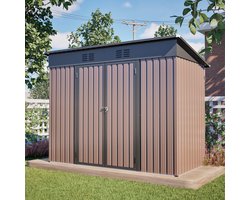 Pugsdrly 8x4 FT metalen tuinhuis met stevige metalen fundering weerbestendige tuinschuur voor tuin & terras ruim tuinhuis in bruin – incl. funderingsframe (bodemplaat vereist)