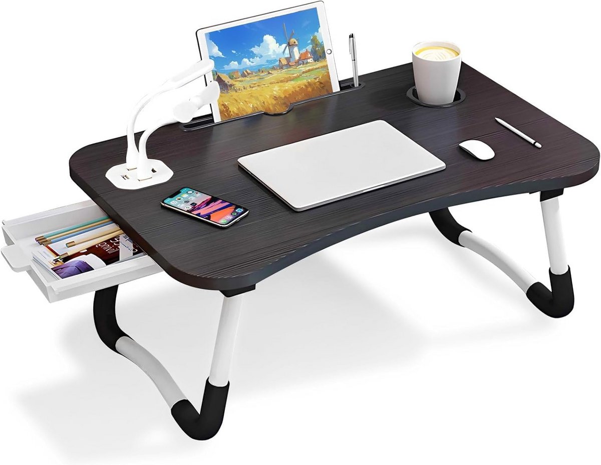 Draagbare Laptopbedtafel met Opvouwbare Poten en Bekersleuf - Ideaal voor Werken op Bed en Bank