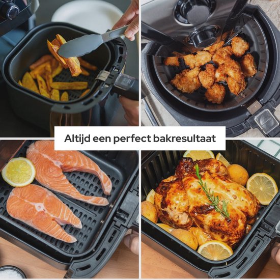 Collage van vier luchtfoto's van eten in een airfryer: frietjes, kipnuggets, zalm en een gebraden kip met aardappelen en citroen.