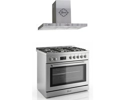 Gasfornuis Roestvrij staal Gas Elektro Fornuis 90 cm 126 L Aardgas Fl.Gas 4 Kw WOK, Zelfreinigend GCH E 818 X + Afzuigkap 90 cm GCH 461 IS 9, 1000m³/h