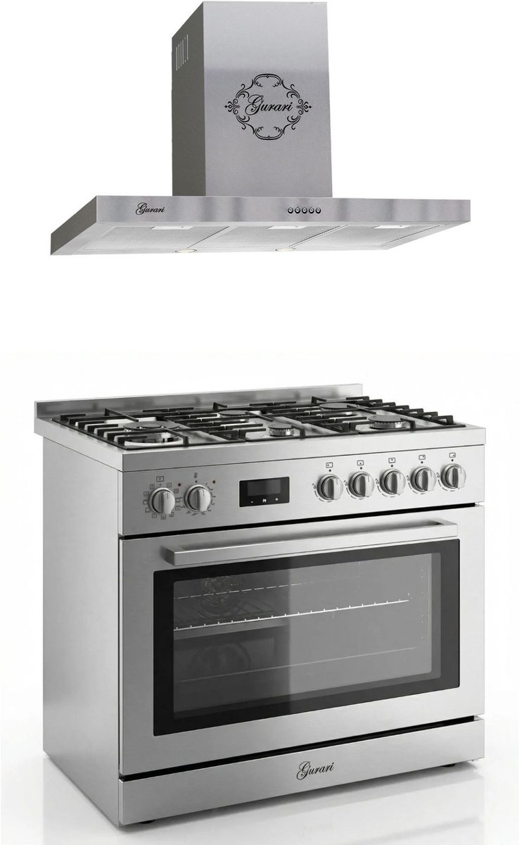 Gasfornuis Roestvrij staal Gas Elektro Fornuis 90 cm 126 L Aardgas Fl.Gas 4 Kw WOK, Zelfreinigend GCH E 818 X + Afzuigkap 90 cm GCH 461 IS 9, 1000m³/h