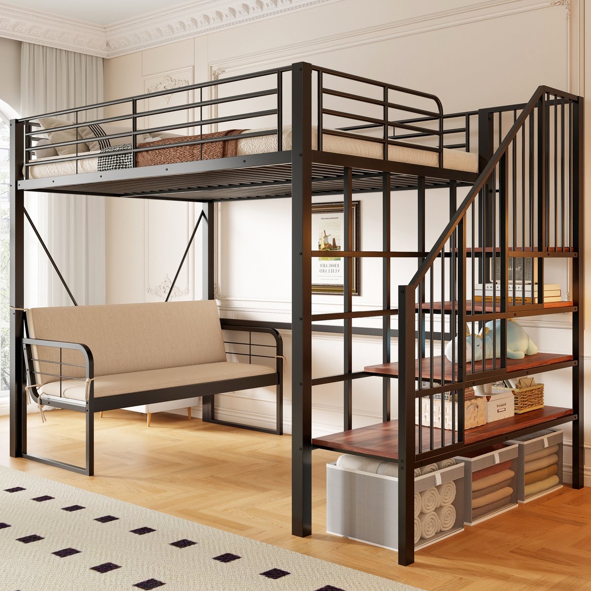 Sweiko Hoogslaper - 140 x 200 cm - Metalen frame - Met gestoffeerde bank - Kinderbed - Zwart
