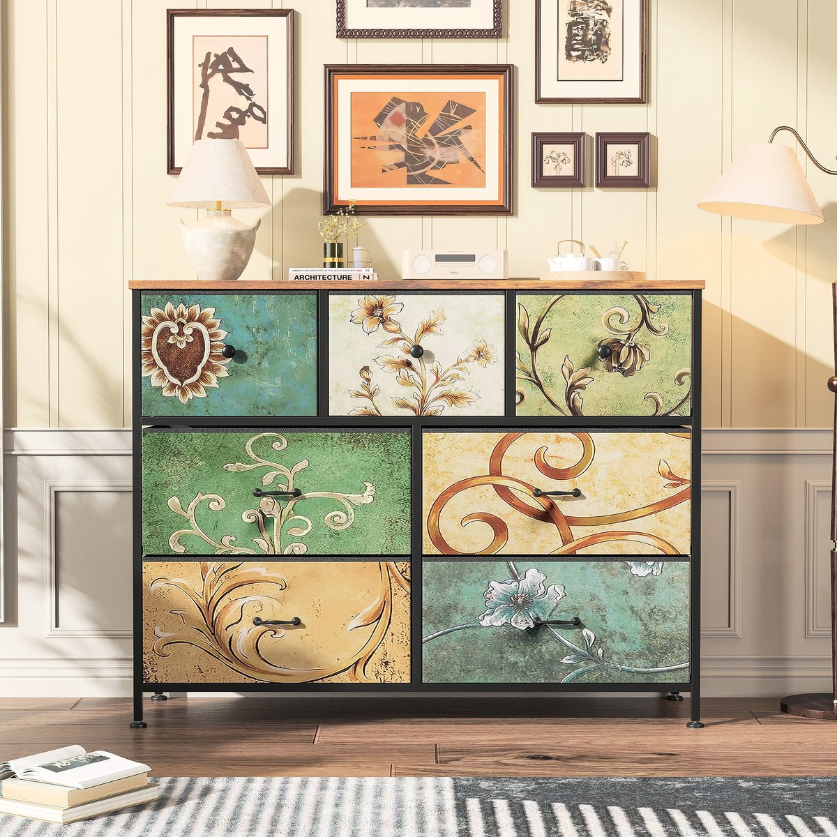 Solvenrik Ladekast met 7 Lades – Industrieel Opbergkast met Stoffen Lades en Metalen Frame – Walnoot Look Bloemen patroon