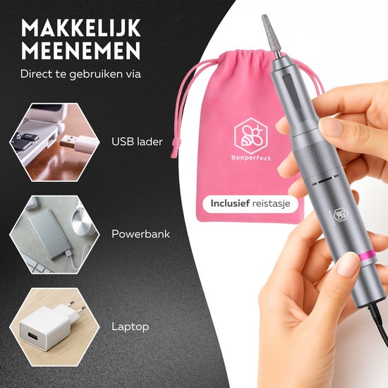 Zilverkleurige elektrische nagelvijl met roze accenten, inclusief roze etui en USB-kabel.