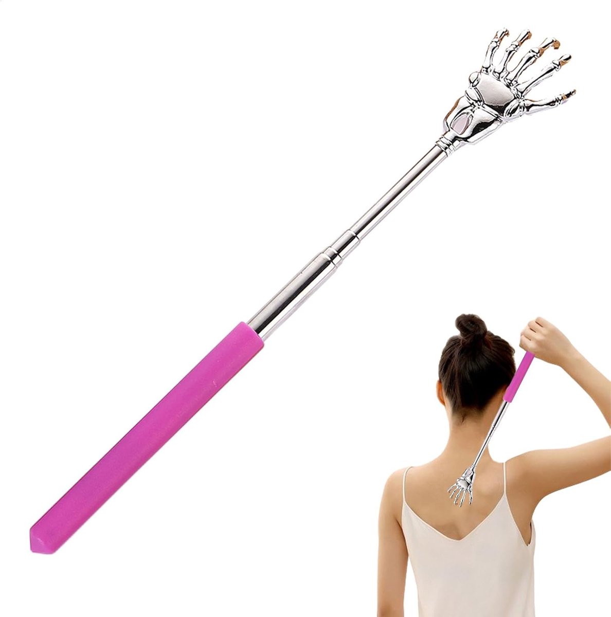 Rugkrabber - Uitschuifbare rugmassager - Handmassager - Draagbare massager - Handvormige roestvrijstalen rugmassager - Ergonomisch ontwerp - Rugmassager voor mannen en vrouwen, roze