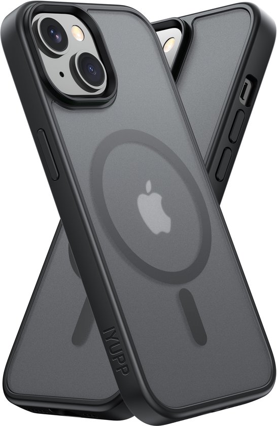 IYUPP Hoesje Geschikt voor iPhone 15 Hoesje - Geschikt voor MagSafe - Shockproof Back Cover - Mat Zwart Transparant
