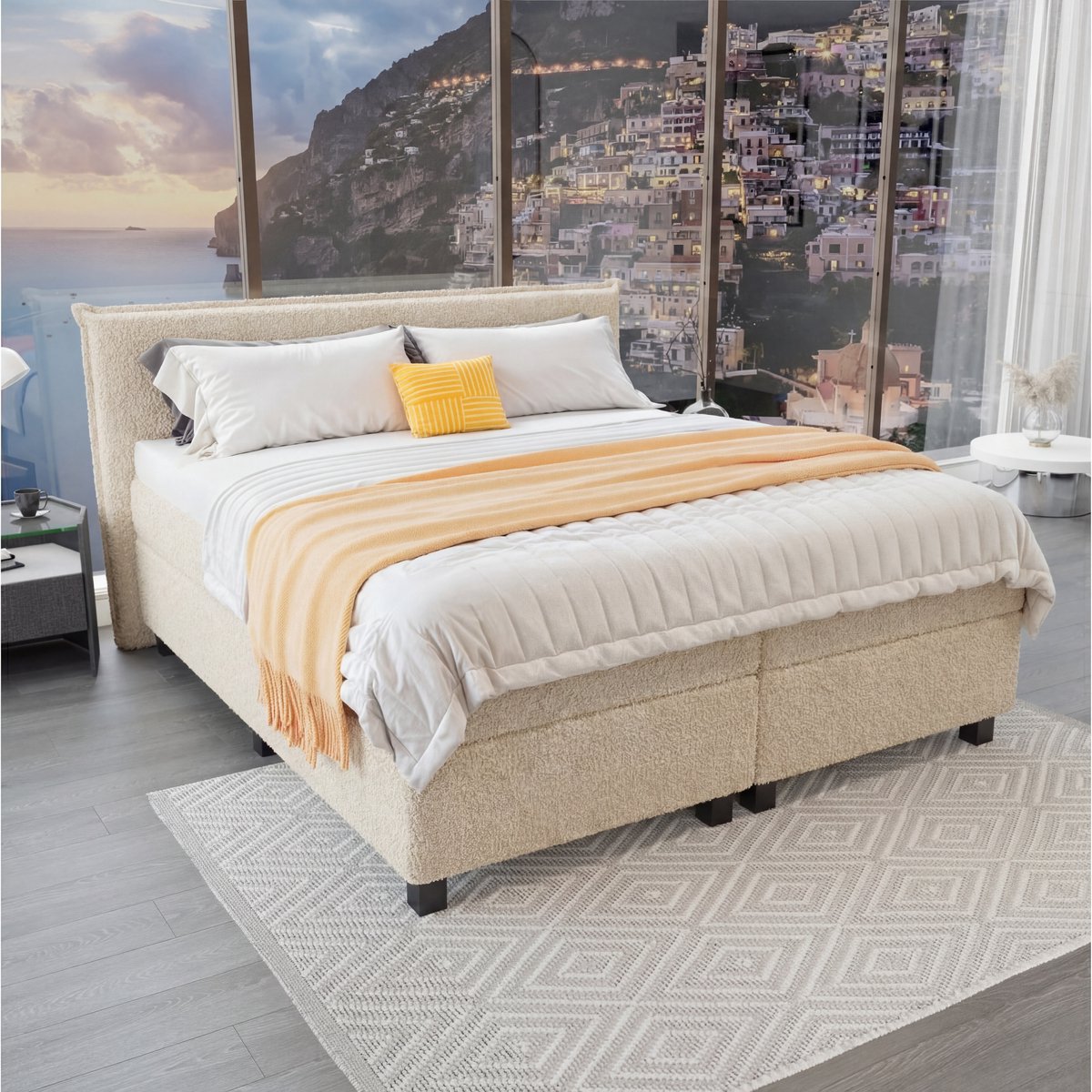 Mörgenn Boxspring Capri - Pocketvering Boxen en matrassen - Luxe 12cm topper - Teddy Beige - 140x220 cm - Inclusief Dekbed en Kussens