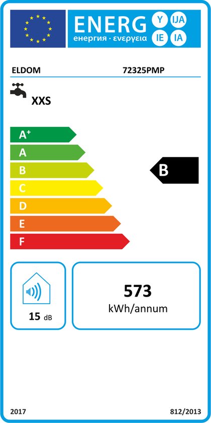 Energie-etiket met een B-label voor de Eldom 72325PMP boiler, met een geluidsniveau van 15 dB en een jaarlijks verbruik van 573 kWh.