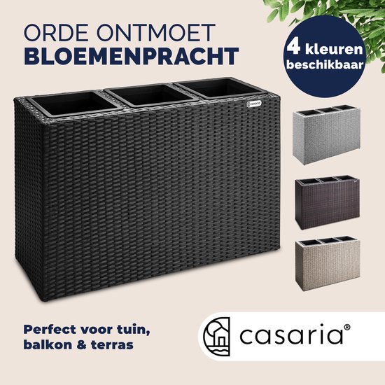 Zwarte plantenbak in polyrotan-look, met drie vakken. Afbeelding toont "4 kleuren beschikbaar" met kleurstalen.
