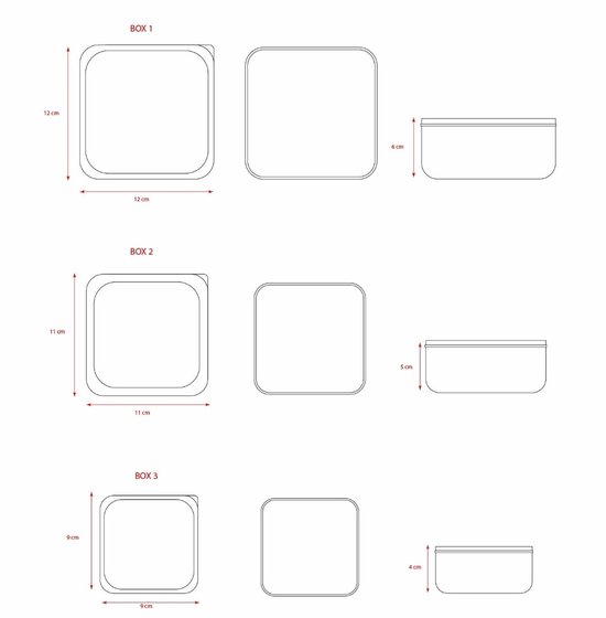 Afmetingen van drie vierkante lunchboxen: 12x12x6 cm, 11x11x5 cm en 9x9x4 cm.