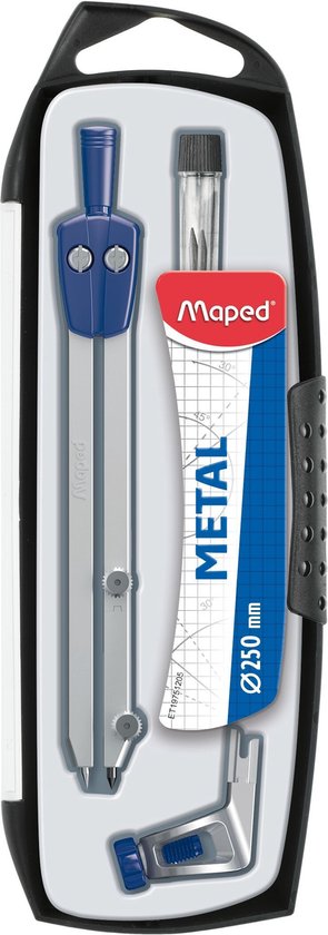 Maped metalen passer set, met blauwe en zilverkleurige passer, reserveonderdelen en bewaarcassette.