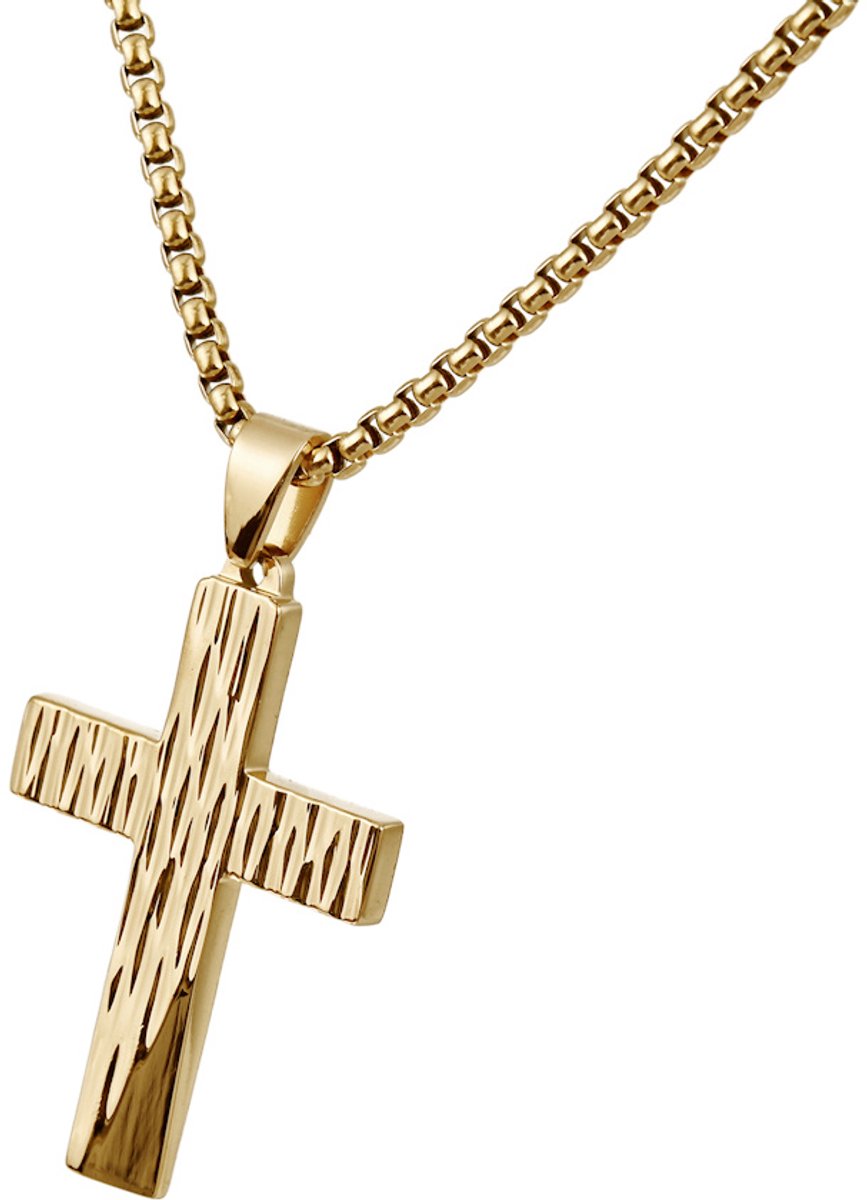 Decopatent - RVS Kruis Ketting met schakel ketting - Goudkleurige Kruishanger - Christelijke Ketting voor Heren & Dames - 60 Cm - Stijlvolle RVS Halsketting