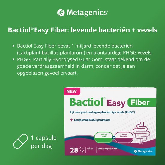 Verpakking van Metagenics Bactiol Easy Fiber met levende bacteriën en plantaardige vezels. "NEW" staat erop. Bevat 28 zakjes sinaasappelsmaak.