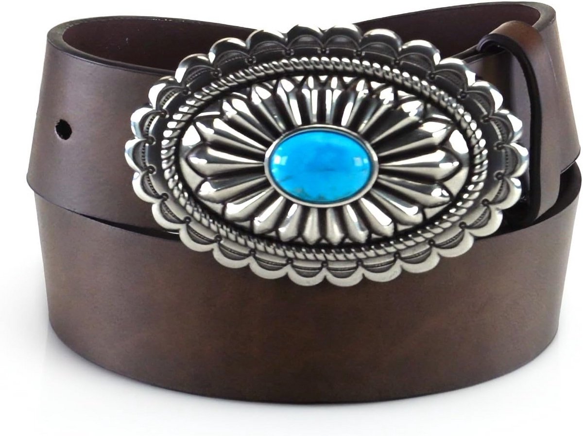 Ovale Western Riem Dames met Zilveren Gesp en Turquoise Steen