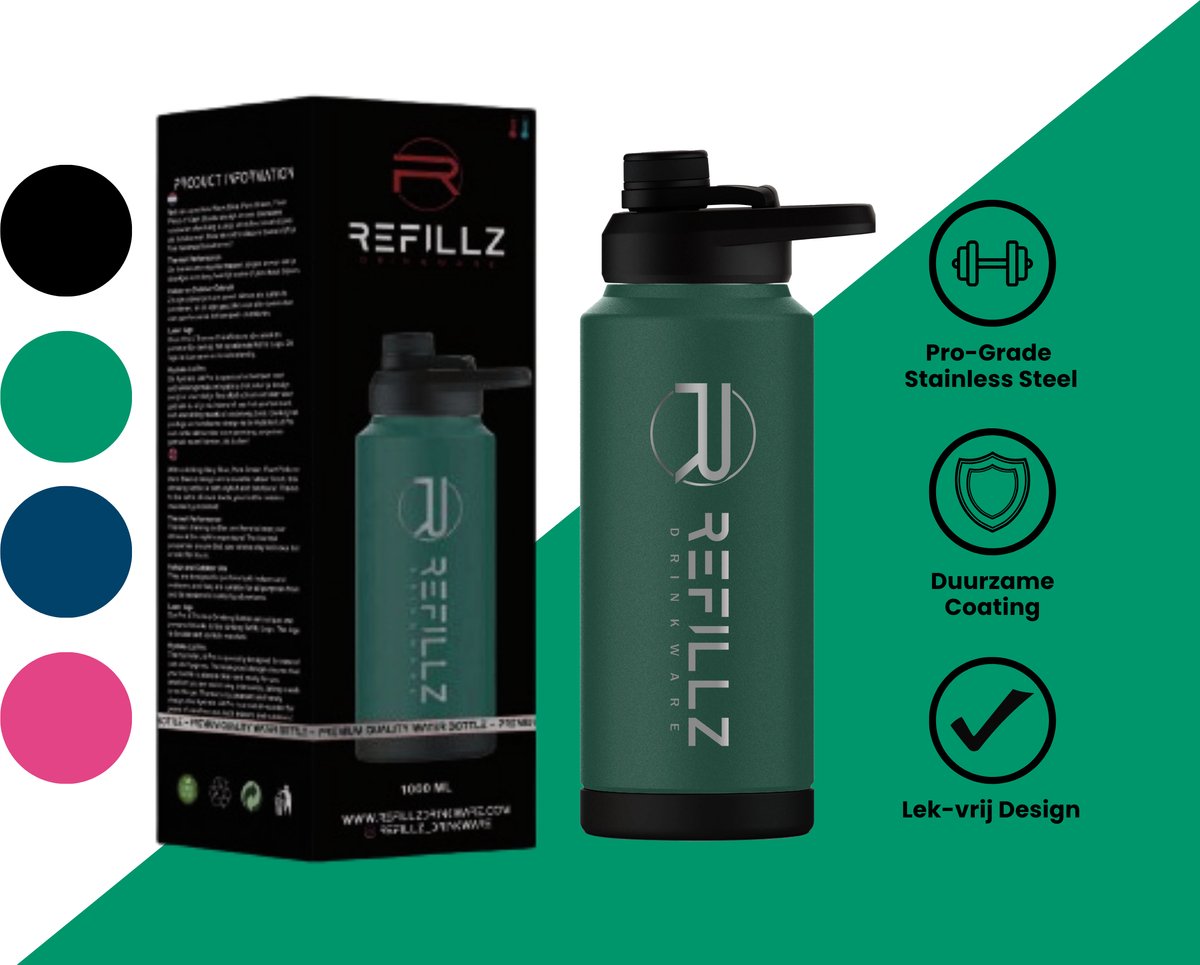 Refillz Drinkware® - (NEW) Pro X Bottle Pure Green- Dubbelwandige Thermo Drinkfles 1000ML - Waterfles - RVS Bidon - Hydrate Lid Pro - 24u koud / 12u warm - Lekvrij Design - BPA Vrij