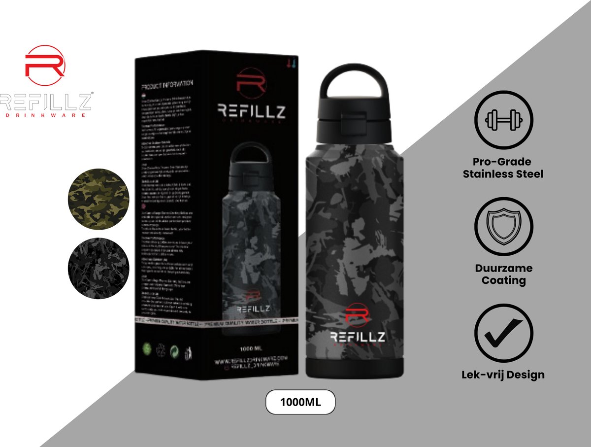 Refillz Drinkware® - (NEW) Camou Bottle Urban Grey&Black - Dubbelwandige Thermo Drinkfles 1000ML - Waterfles - RVS Bidon - Click & Lock Lid Pro - 24u koud / 12u warm - Lekvrij Design - BPA Vrij