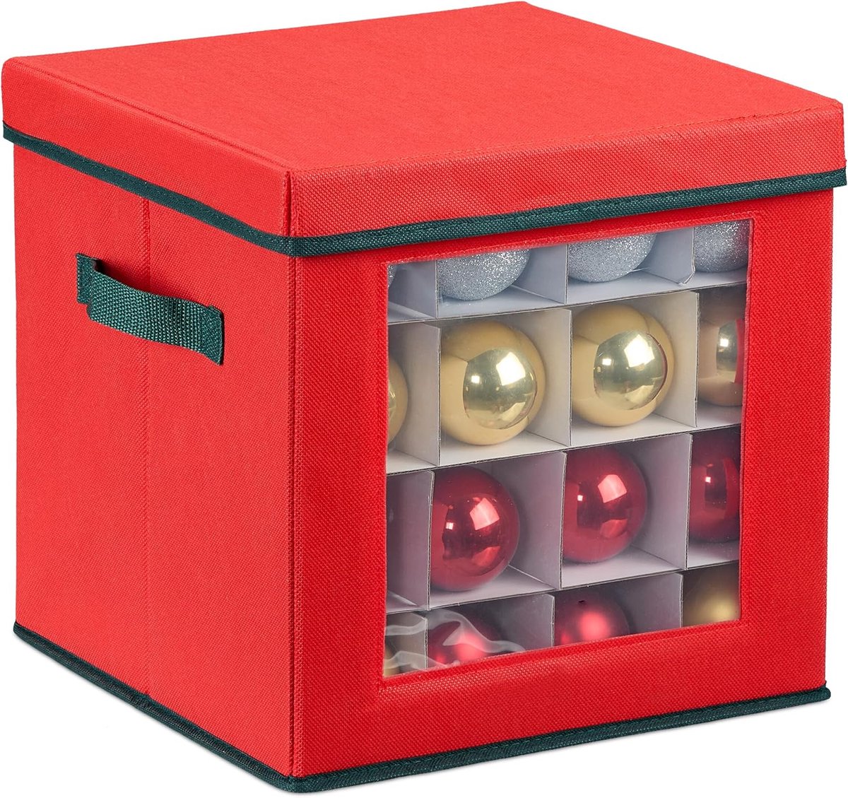 Famanu - kerstballen opbergbox, voor 64 ballen, HxBxD: 30 x 30 x 30 cm, met handgreep, vlies, karton, rood/groen