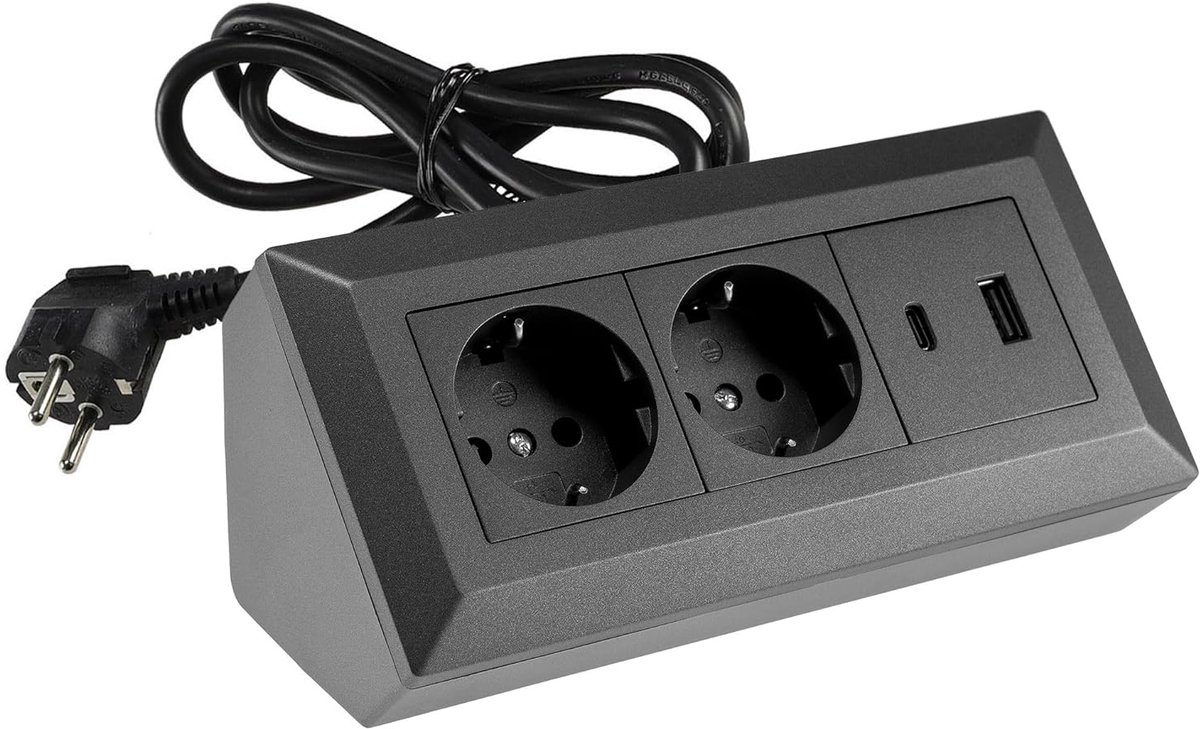 Stekkerblok Hoekstopcontact - Dubbel Stopcontact - Extra Stroompunten - Met USB-C PD - 1.5m Kabel - Zwart