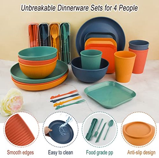 Ultiluxe® Camping Serviesset - 48 Stuks - Picknick Servies - Kampeerbestek Set - 4 Personen - Outdoor Servies - Herbruikbaar - Onbreekbaar - Multicolor van Merkloos — afbeelding 4