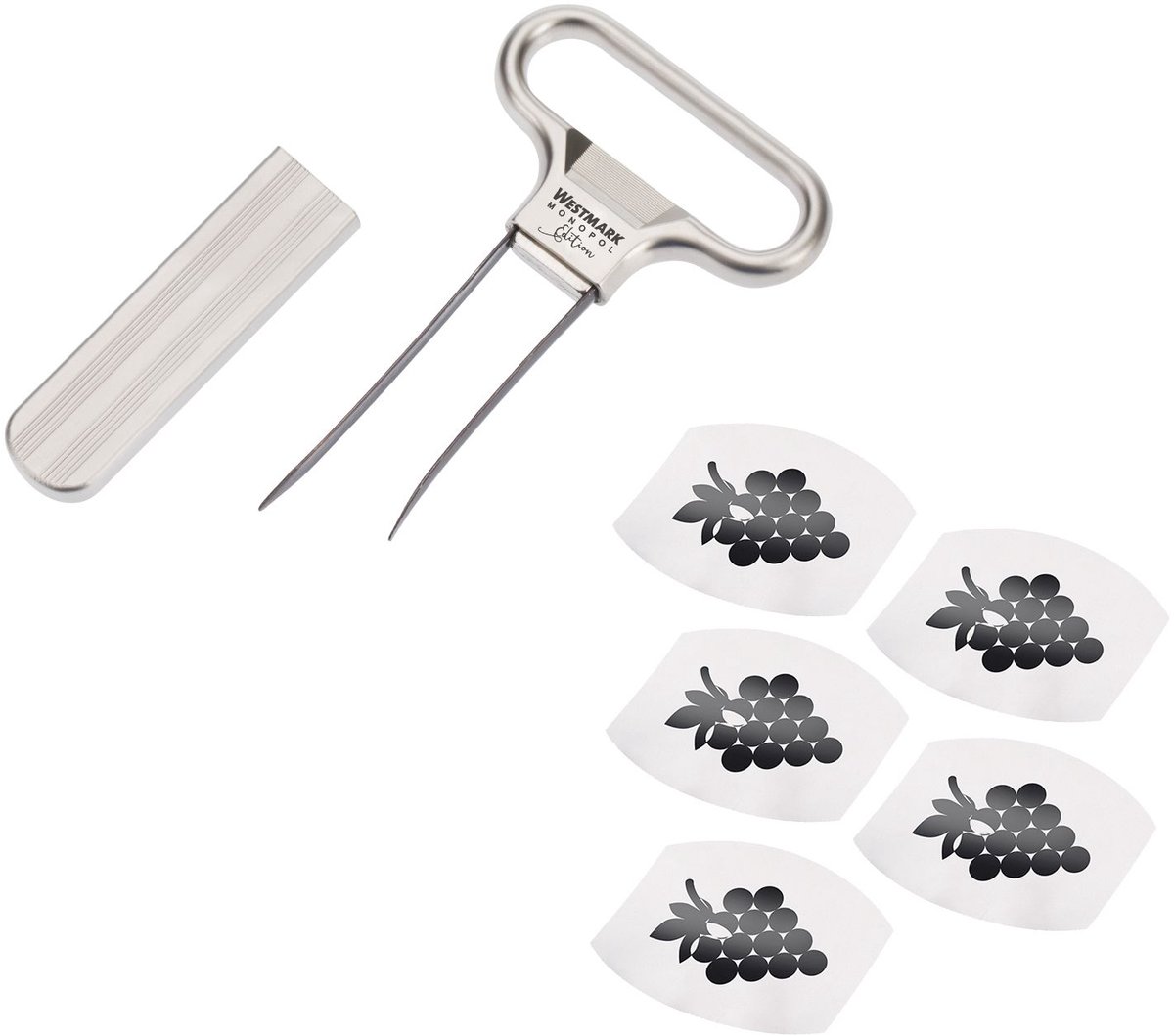 Westmark wijnset, 6-delig, 1 ontkurker/herkurker met flesopener Ah-So, Monopol-editie + 5 wijnschenktuiten Safety, staal/gegoten zink/PET, mat/zilver/zwart, 628533E7
