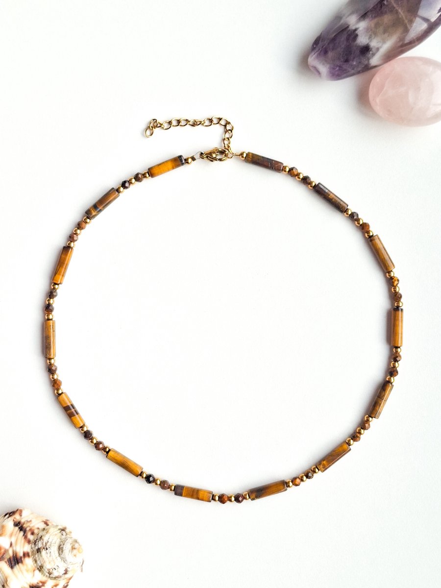 Edelsteen ketting met tijgeroog kralen, handgemaakt, stainless steel, waterproof, bohemian stijl, luxe kettingen, geschenk, cadeau met betekenis
