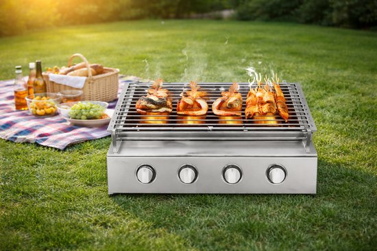Gasbarbecue - Rookloze BBQ Grill - 4 Branders - Roestvrij Staal - Draagbare LPG Buitenkeuken - In Hoogte Verstelbare Gasgrill - Met Olieopvangbak - Tafelmodel BBQ - 58x40x20 cm - Tuin Terras Balkon Camping van Moa. — afbeelding 4