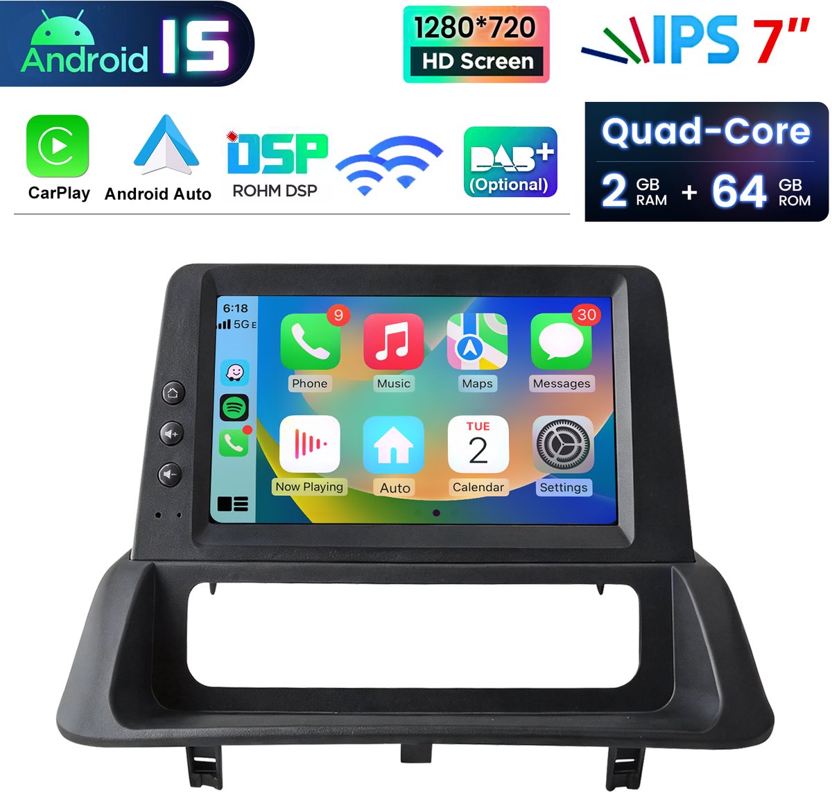 Hexinex Quad-Core autoradio Geschikt voor Renault Clio 3 (2005-2014) - Draadloos CarPlay, Android Auto, GPS Navi, WIFI, multimediaspeler, 2GB+64GB