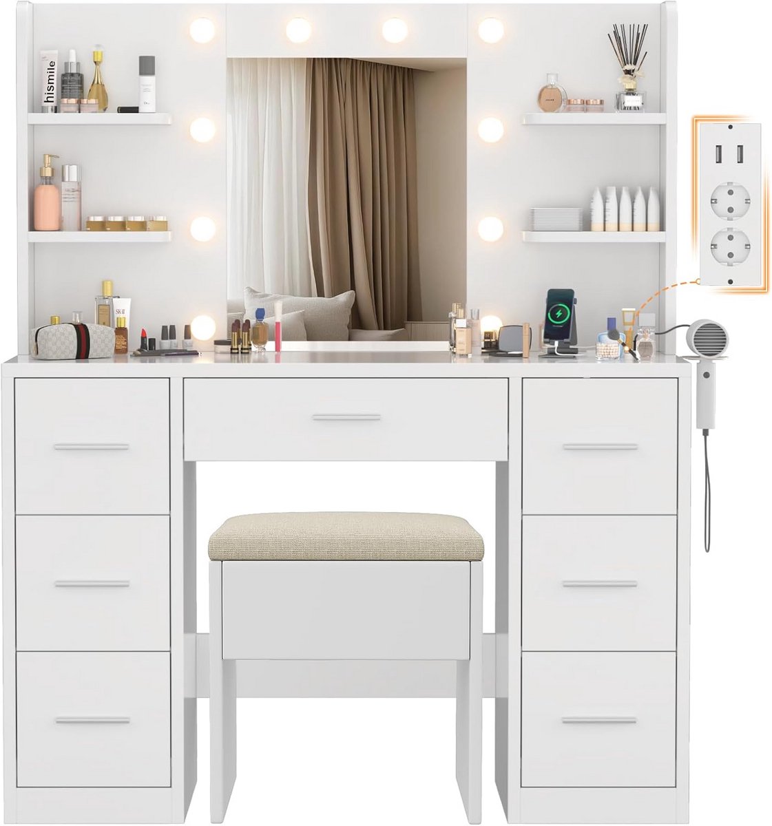 Kaptafel met Spiegel en Verlichting - Make up Tafel - Cosmeticatafel - Spiegeltafel