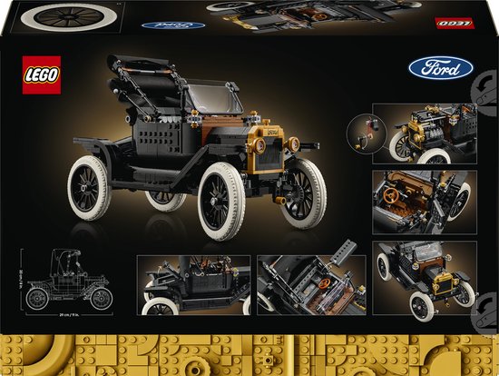 LEGO Icons Ford Model T doos met verschillende weergaven van de auto.