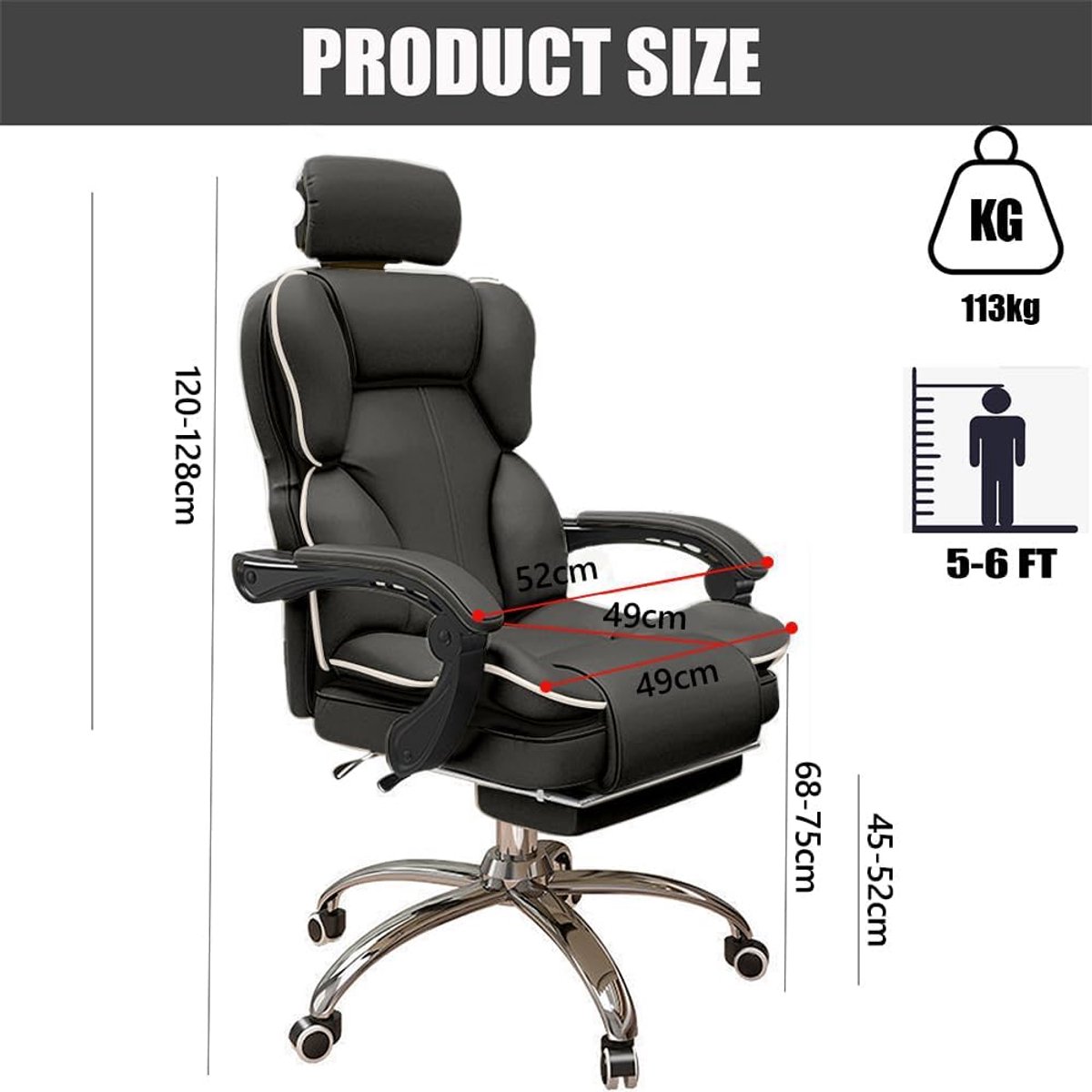 Grote Bureaustoel Casa Velluto Luxe Executive Gaming- & Computerstoel – Hoog Rugdesign met Voetensteun en Verstelbare Hoofdsteun – Hoogteverstelbaar, Kantelbaar tot 135° – Zwart Leer – Ergonomische Thuiswerkstoel