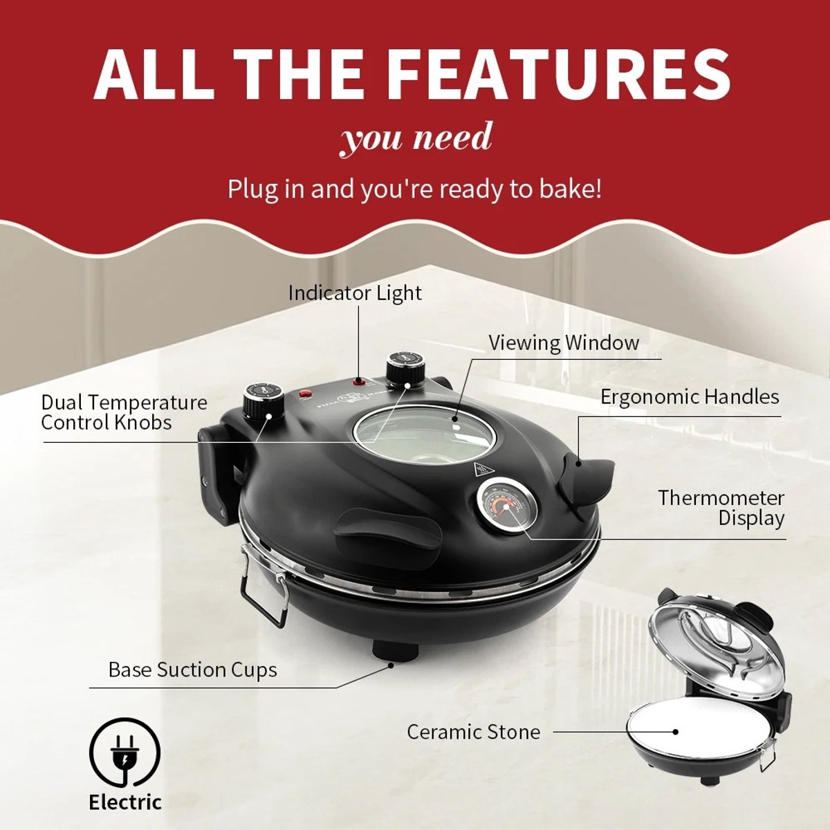 Zolara Elektrische Pizza Oven - Pizzamaker - Elektrisch - Pizzapan - Zwart
