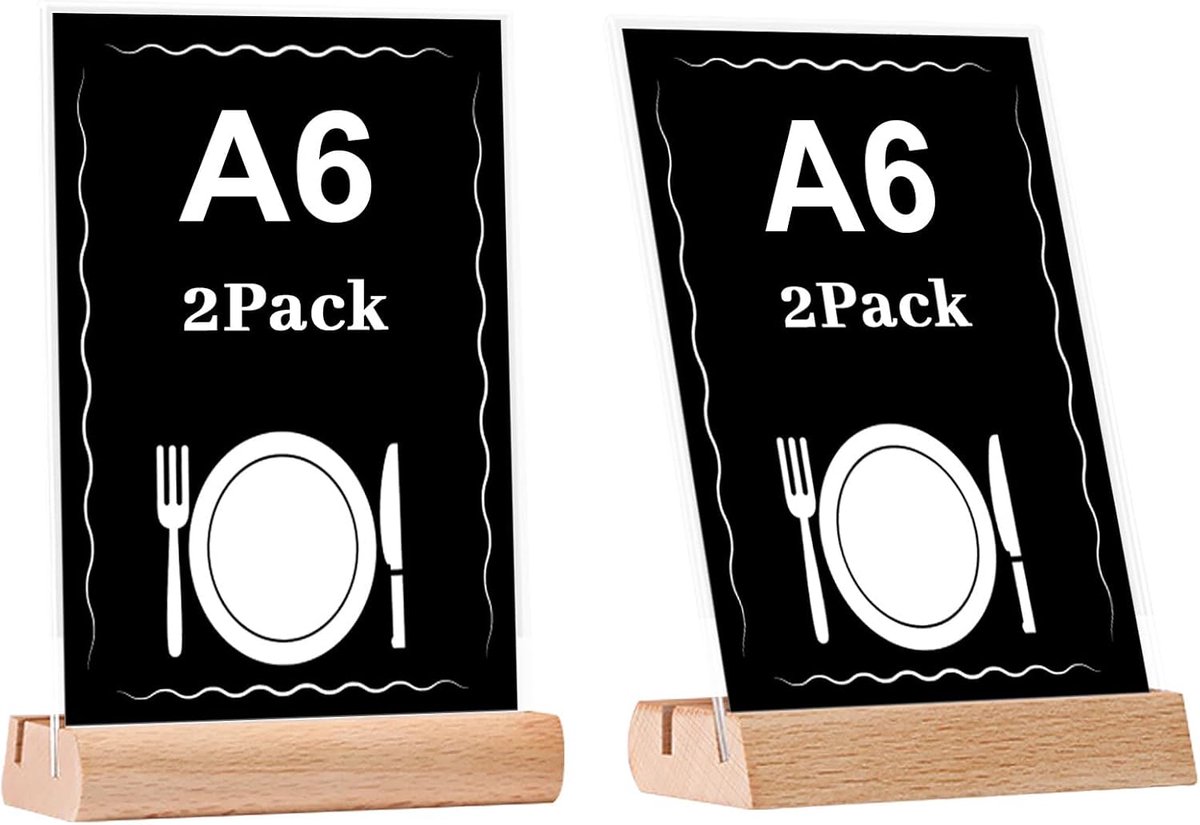 Acryl Bordstandaard met Houten Sokkel, 2 Stuks, Staand Formaat