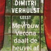 Boekomslag met de tekst 'DIMITRI VERHULST LEEST Mevrouw Verona daalt de heuvel af'. Rode gordijnen aan de zijkanten, raam met vakverdeling.