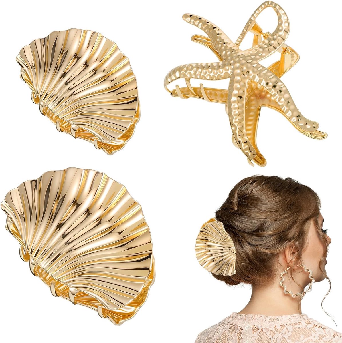 Set van 3 Gouden Schelp Haarclips - Metalen Zeemeermin Barrette voor Dames en Meisjes