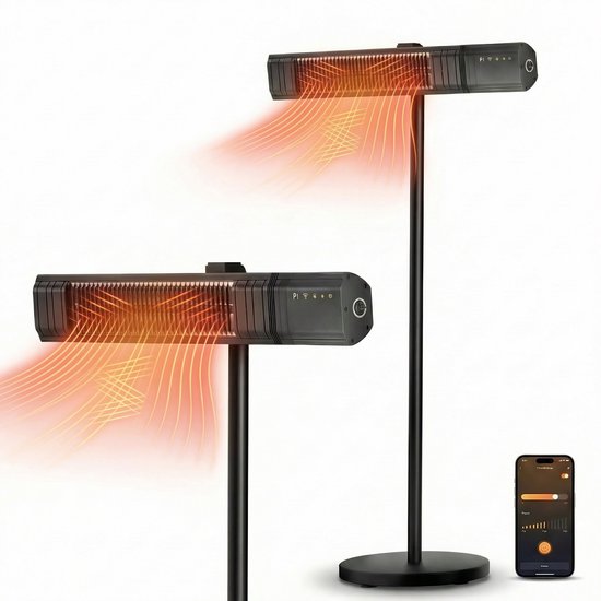 Komodo Fumi Infrarood Terrasverwarmer met Standaard – 2500W – IP65 Waterdicht – 10 Warmtestanden – WiFi via Tuya App – Afstandsbediening – Zwart